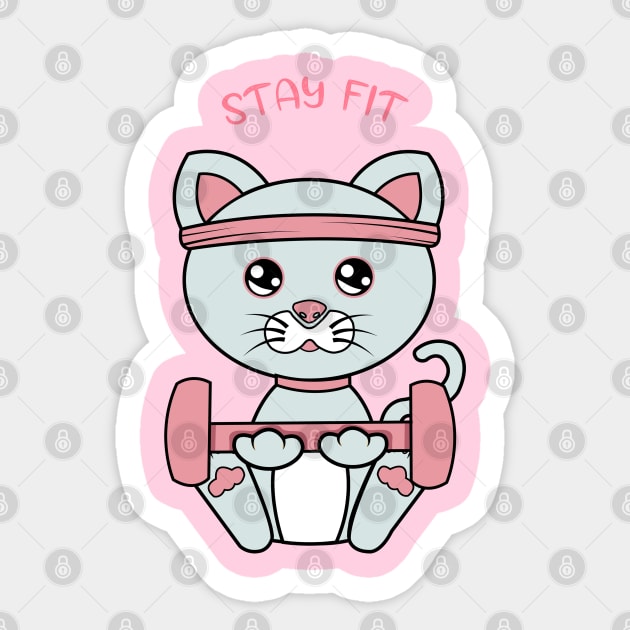 Stay fit, Cute cat lifting weights. Sticker by JS ARTE